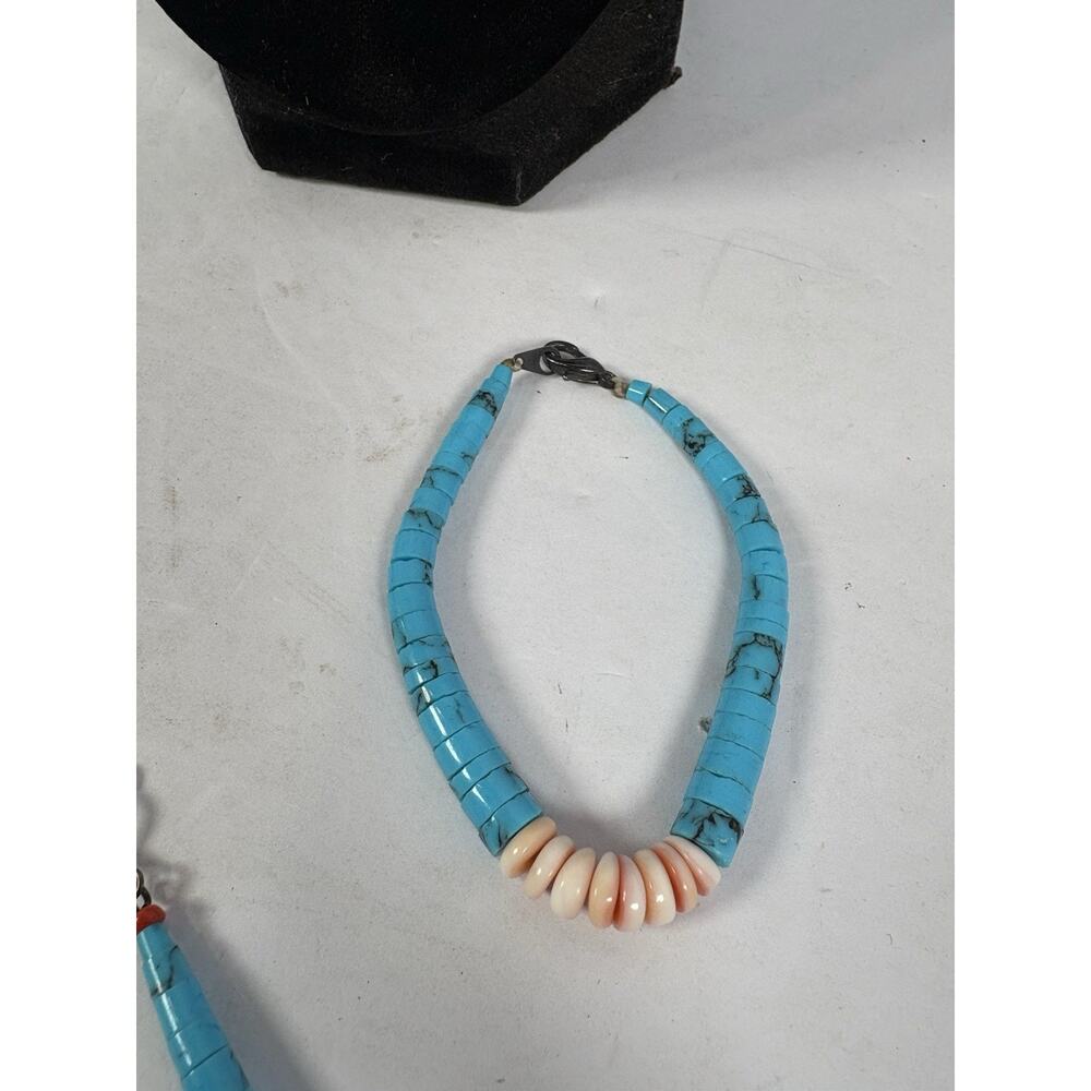 Block Turquoise and Coral Graduated Heishi Necklace, Bracelets And Earrings Set - Picture 4 of 15